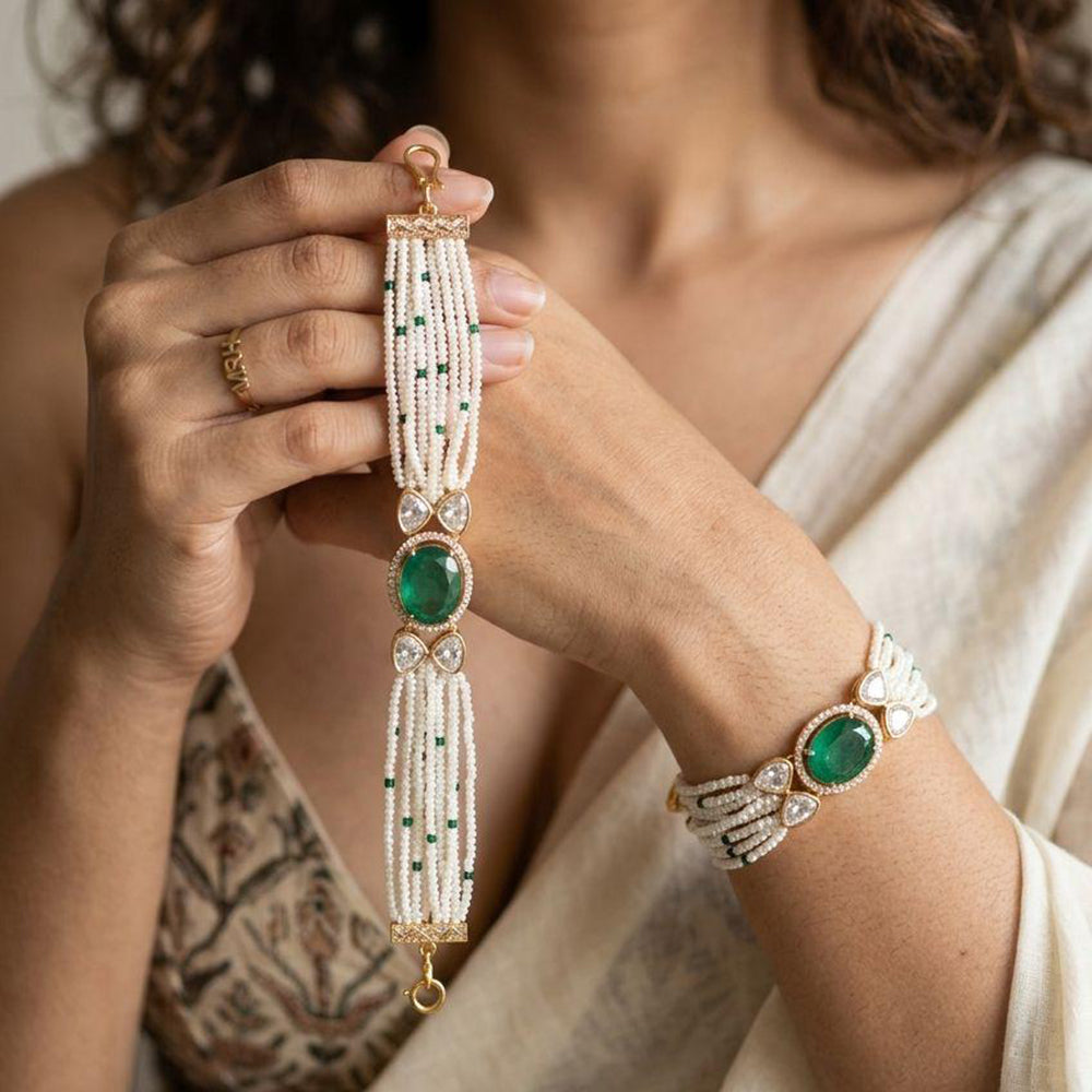 Jewel Addiction Polki Kundan Stone And Pearl Designer Openable Bracelet