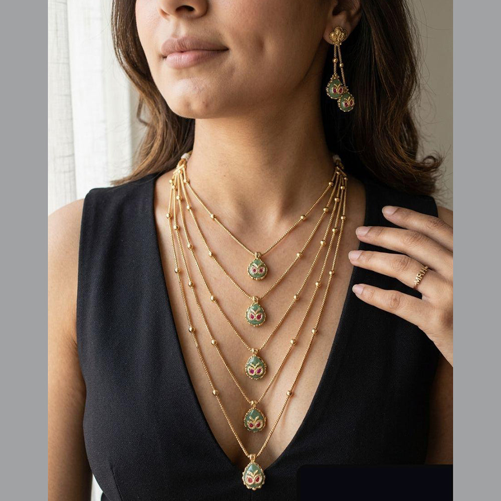Jewel Addiction Ethnic Pota Stone And Pearl Multi Layer Necklace Set