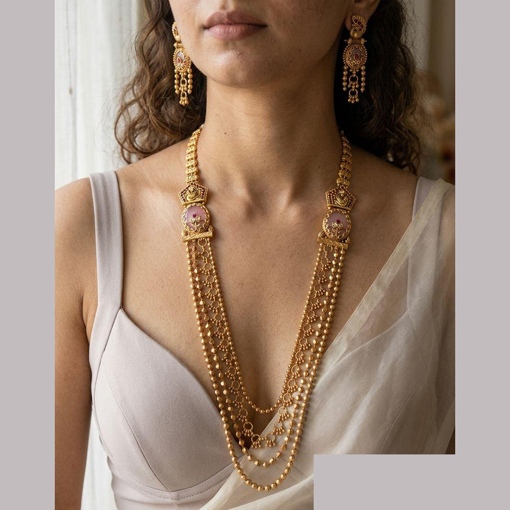 Jewel Addiction Ethnic Pota Stone And Pearl Long Necklace Set