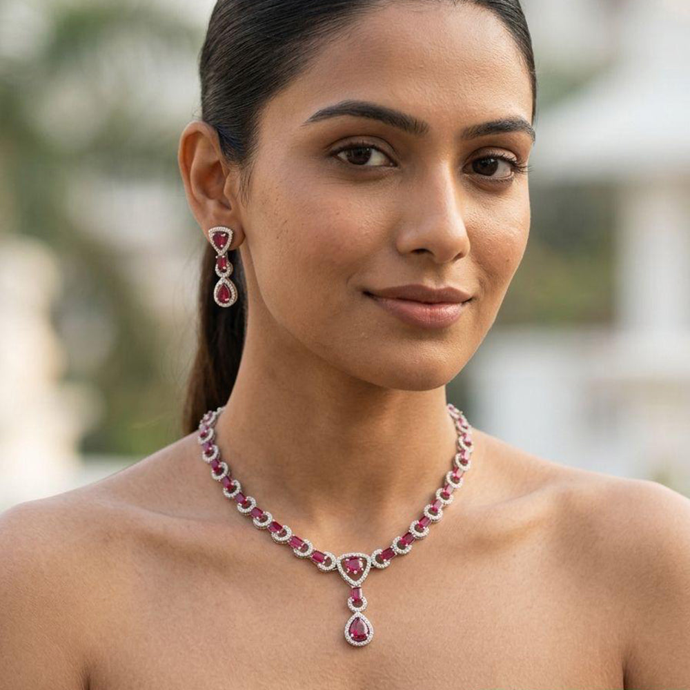 Jewel Addiction Rhodium Plated Classic American Diamond Necklace Set