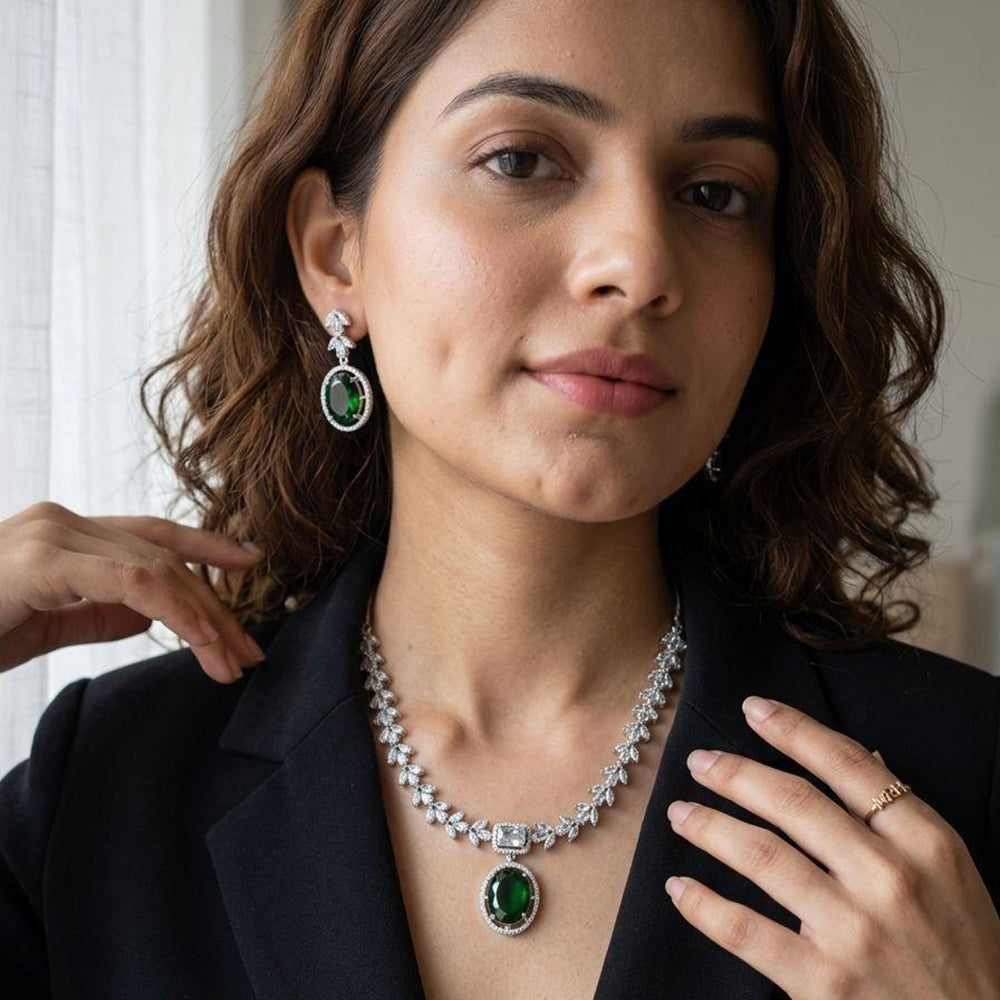 Jewel Addiction Rhodium Plated Classic American Diamond Necklace Set