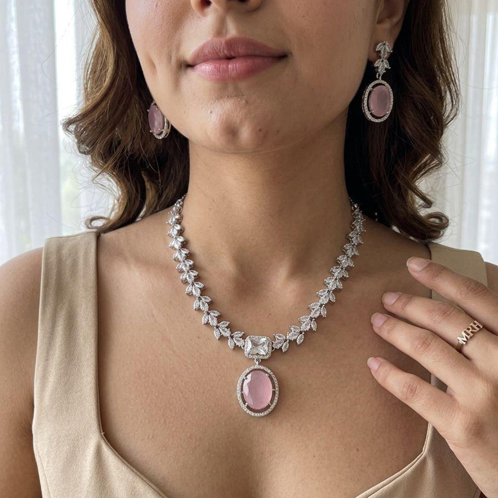 Jewel Addiction Rhodium Plated Classic American Diamond Necklace Set