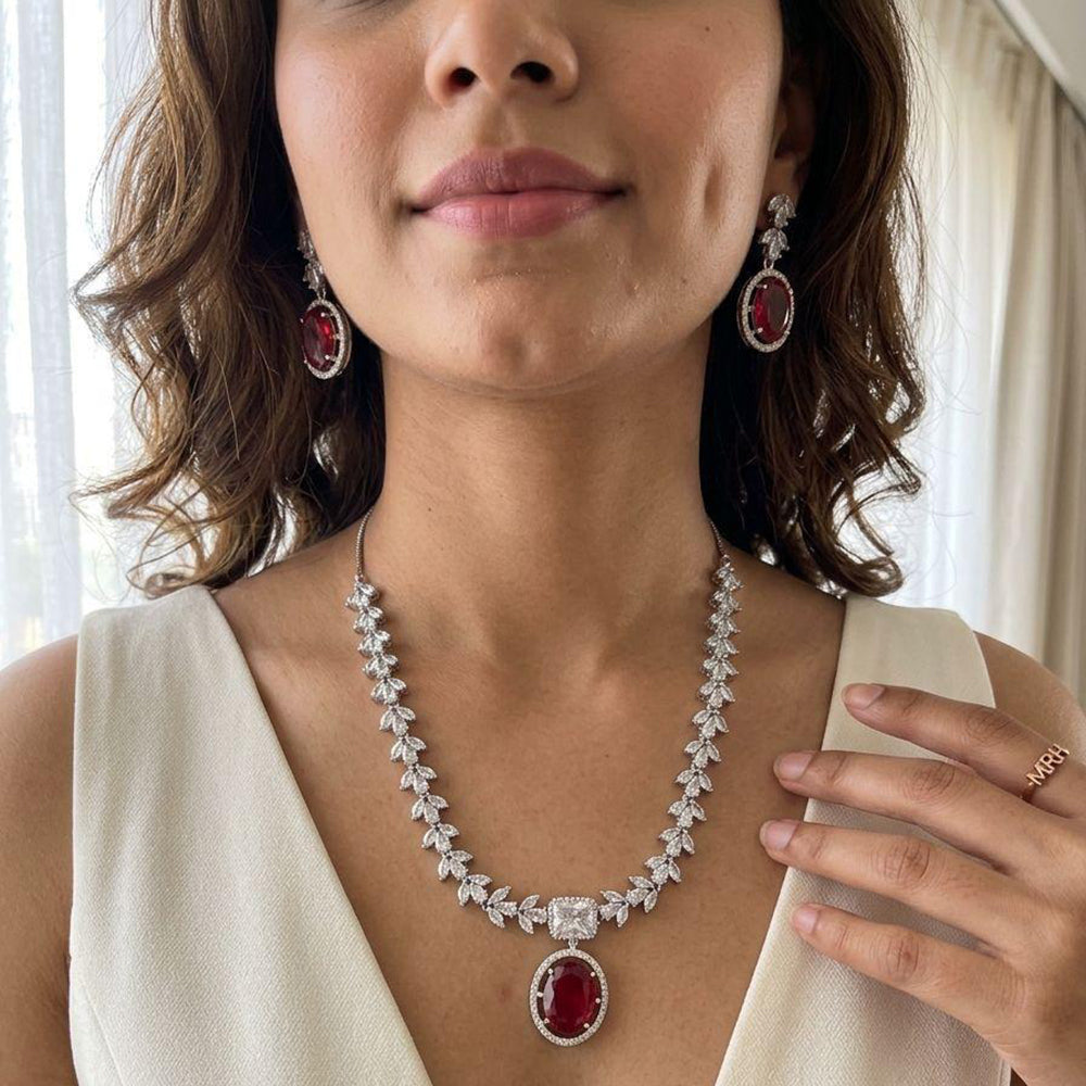 Jewel Addiction Rhodium Plated Classic American Diamond Necklace Set
