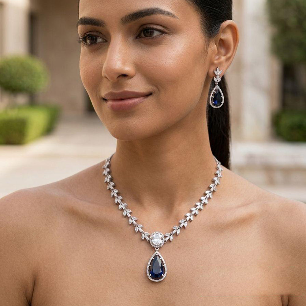 Jewel Addiction Rhodium Plated Classic American Diamond Necklace Set