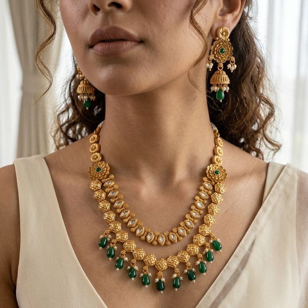Jewel Addiction Premium Pota Stone And Pearl Necklace Set