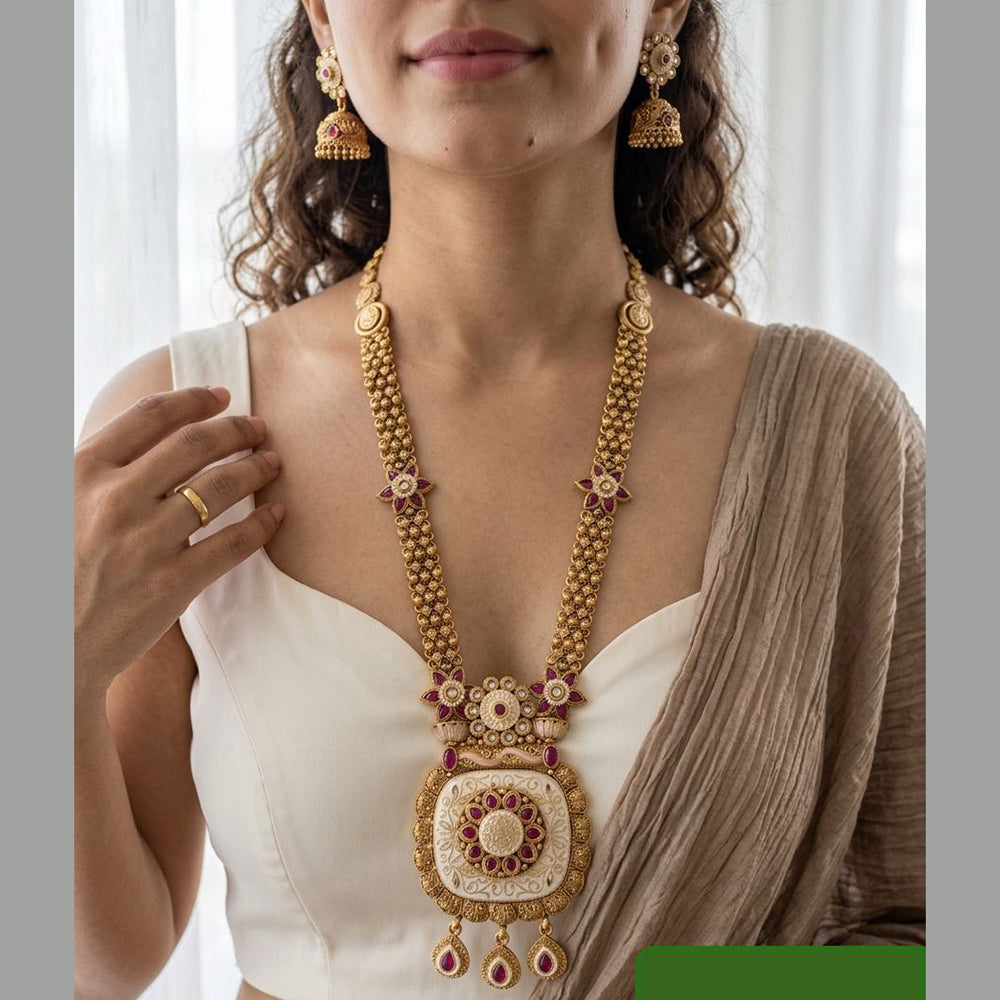 Jewel Addiction Premium Pota Stone And Pearl Meenakari Long Necklace Set