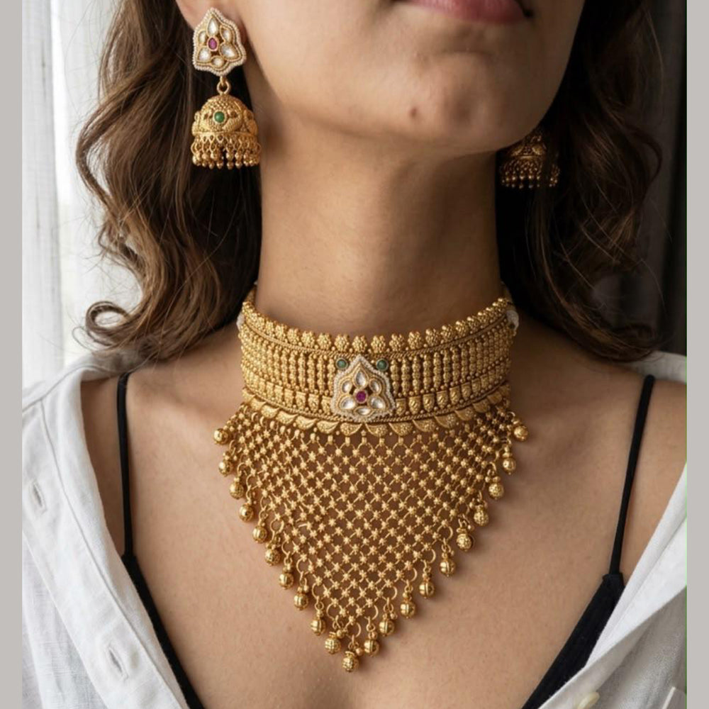 Jewel Addiction Traditional Pota Stone And Pearl Choker Necklace Set
