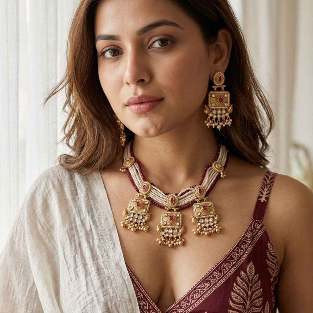 Jewel Addiction Traditional Pota Stone And Pearl Necklace Set