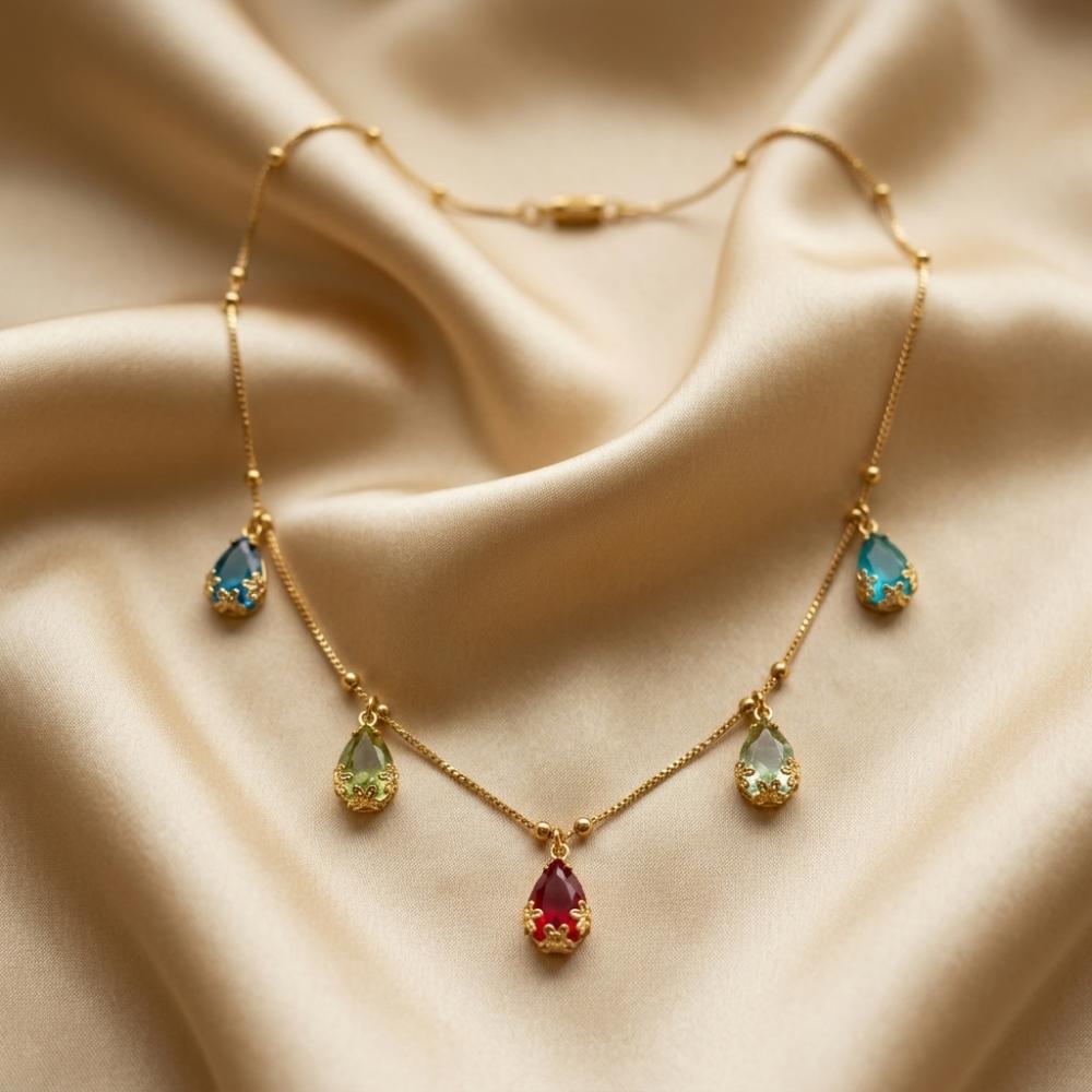Urthn  Minimal Gold Chain Necklace with Crystal Drop Charms (Set of 3)