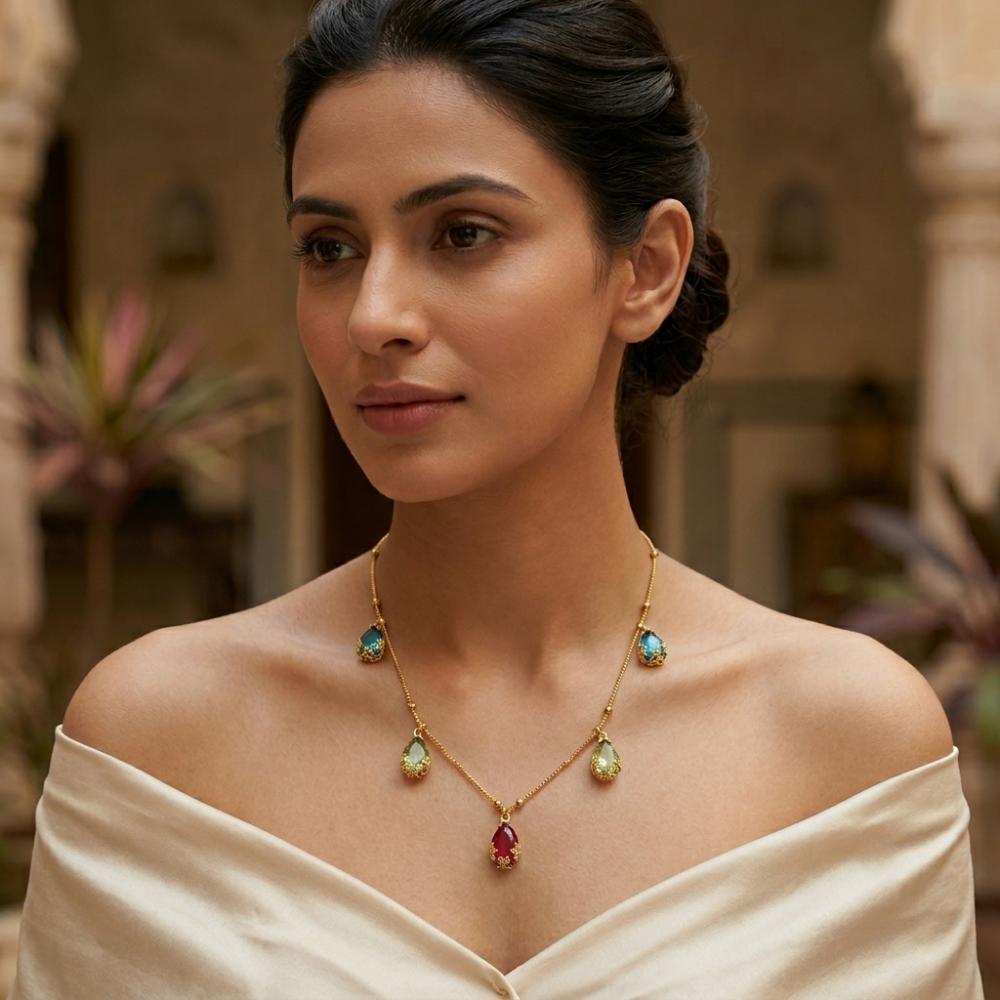 Urthn  Minimal Gold Chain Necklace with Crystal Drop Charms (Set of 3)