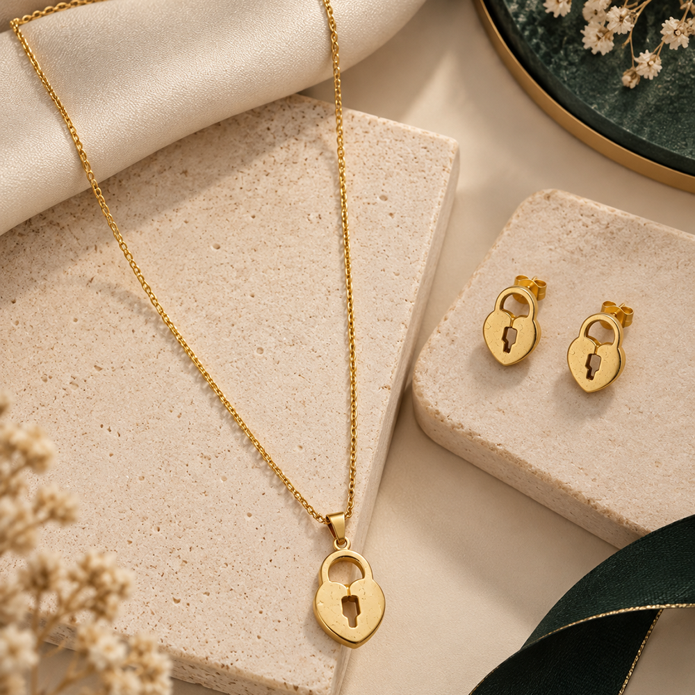 Urthn Beautiful Anti Tarnish Heart Lock Pendant Necklace with Matching Earrings for  Party Wear