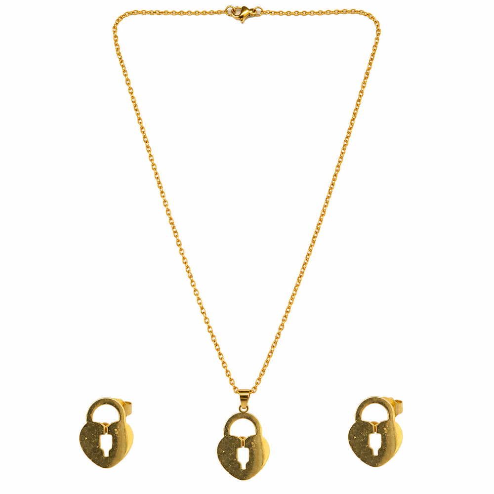 Urthn Beautiful Anti Tarnish Heart Lock Pendant Necklace with Matching Earrings for  Party Wear(Pack Of 6)