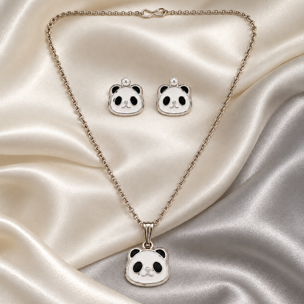 Urthn Glamorous Silver Plated Panda Shape Pendant with Matching Earrings Jewellery for Women(Pack Of 12)