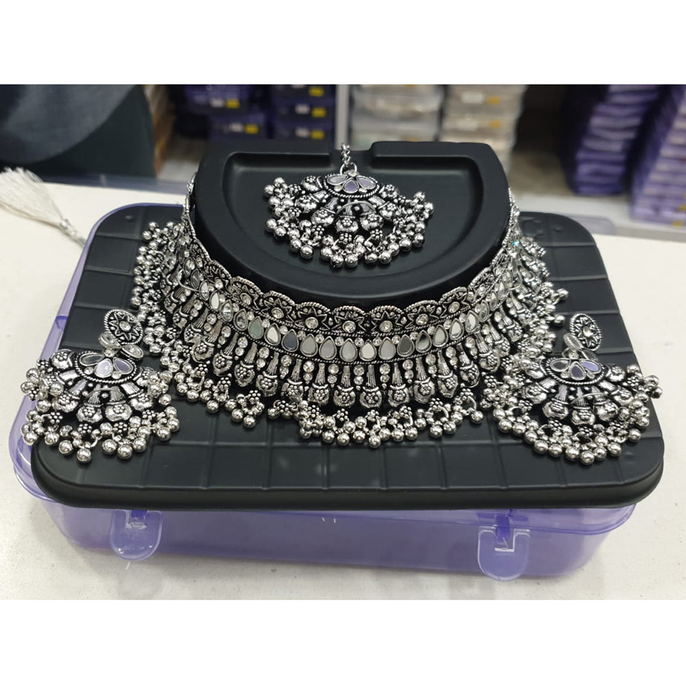 Sofine Oxidised Plated Mirror Necklace Set