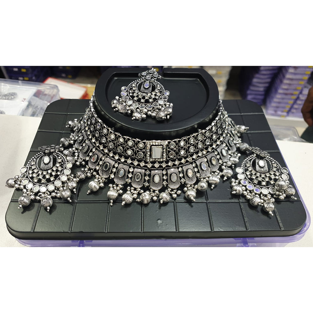 Sofine Oxidised Plated Mirror Necklace Set