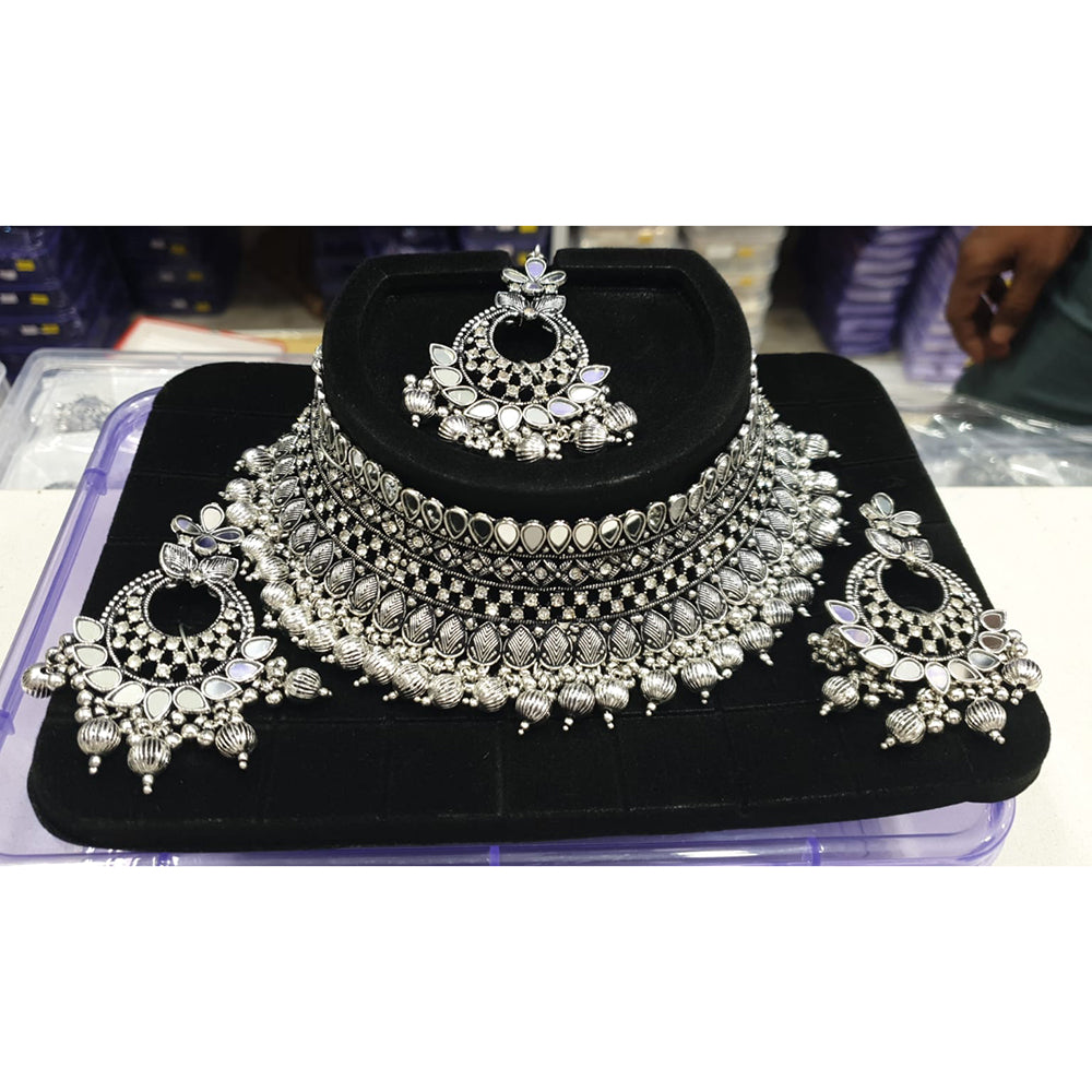 Sofine Oxidised Plated Mirror Necklace Set