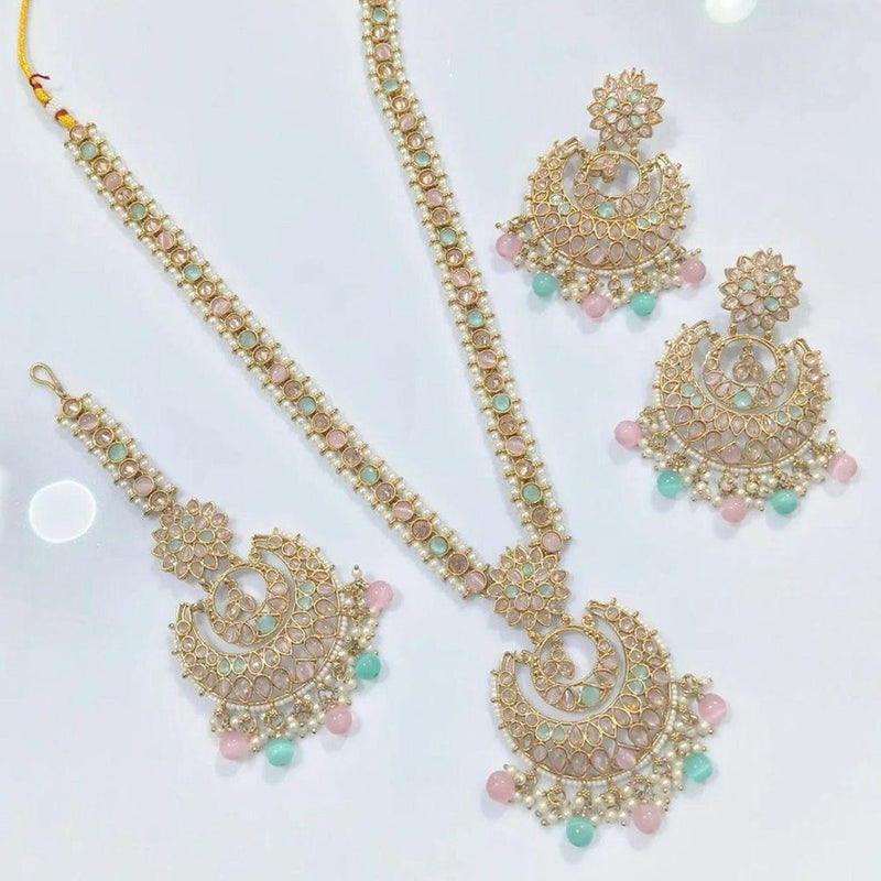 Jcm Jewellery Gold Plated Crystal Stone And Pearls Long Necklace Set