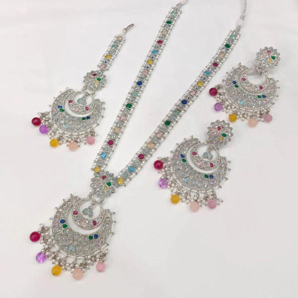 Jcm Jewellery Silver Plated Crystal Stone And Pearls Long Necklace Set