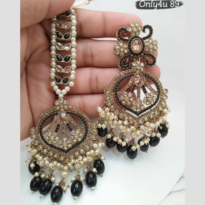 Jcm Jewellery Gold Plated Crystal Stone And Pearls Dangler Earrings With Maangtikka