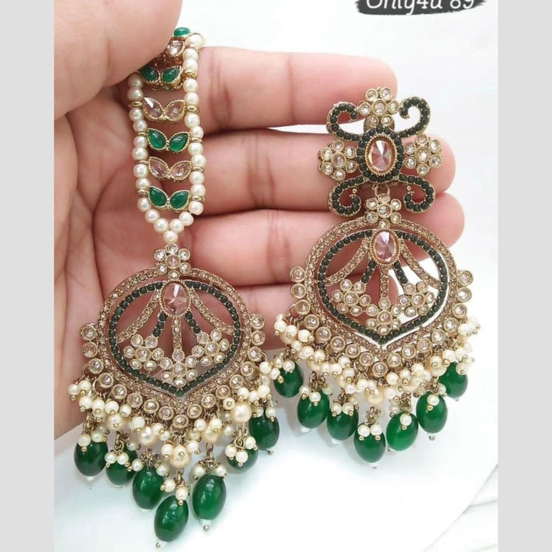 Jcm Jewellery Gold Plated Crystal Stone And Pearls Dangler Earrings With Maangtikka