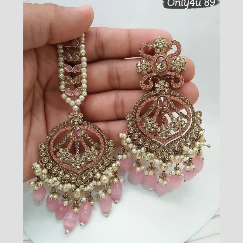 Jcm Jewellery Gold Plated Crystal Stone And Pearls Dangler Earrings With Maangtikka