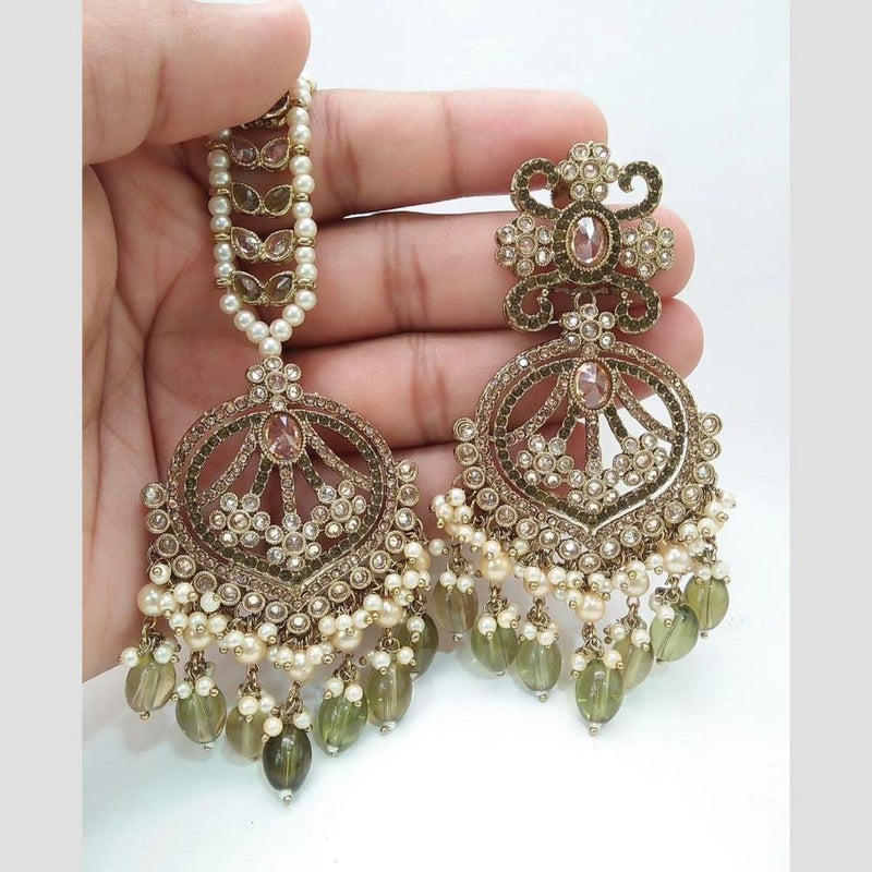 Jcm Jewellery Gold Plated Crystal Stone And Pearls Dangler Earrings With Maangtikka