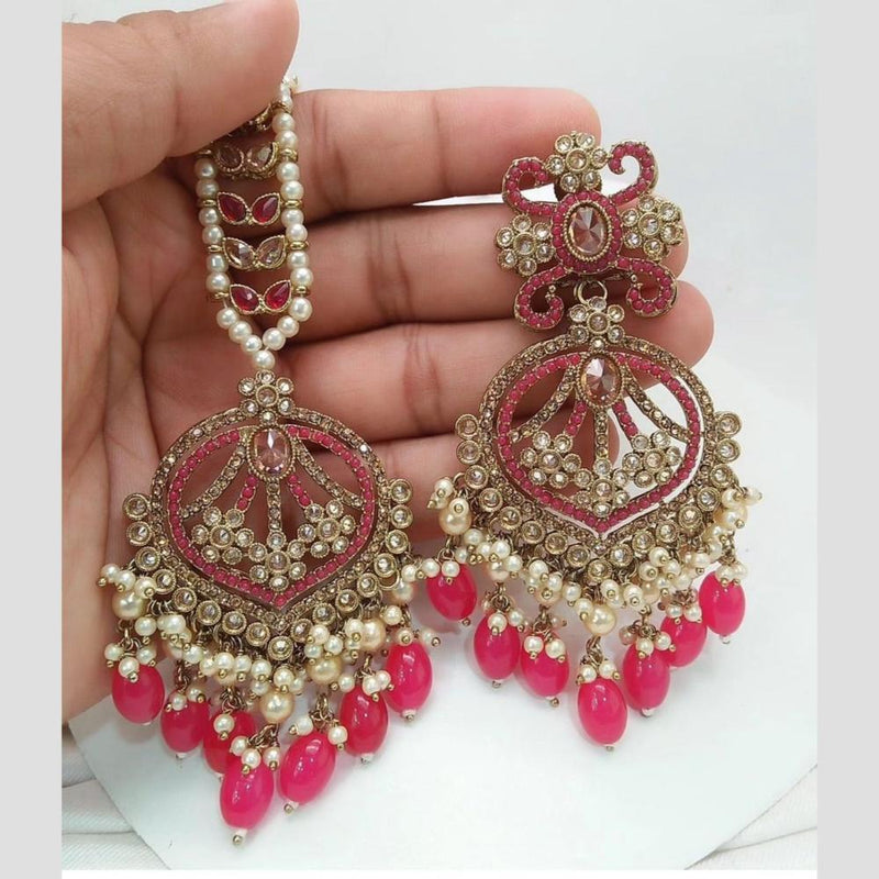 Jcm Jewellery Gold Plated Crystal Stone And Pearls Dangler Earrings With Maangtikka