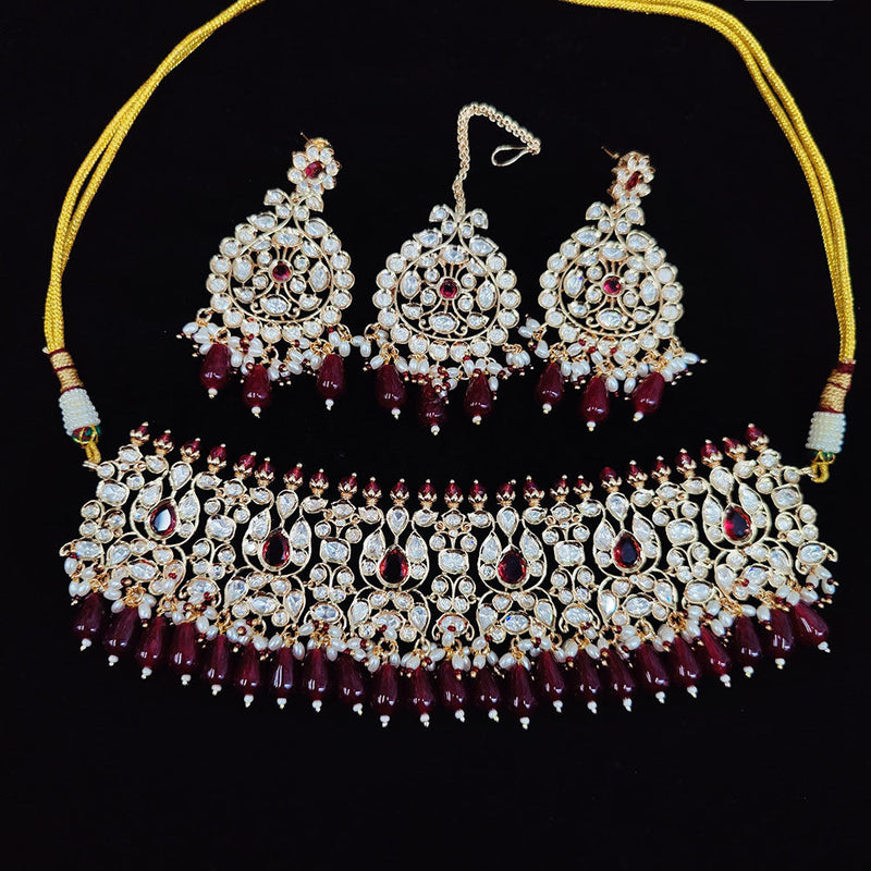 JCM Jewellery Gold Plated Polki Kundan Stone And Beads Choker Necklace Set