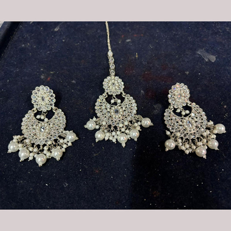 JCM Jewellery Silver Plated Kundan Stone And Pearls Dangler With Maangtikka