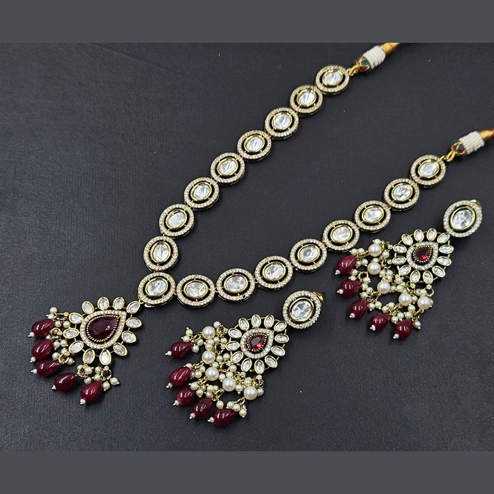 JCM Jewellery Gold Plated Polki Kundan Stone And Pearls Beads Long Necklace Set