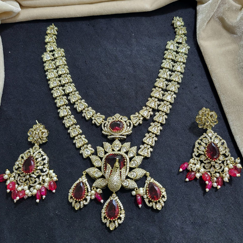 JCM Jewellery Gold Plated Polki Kundan Stone And Pearls Beads Long Necklace Set