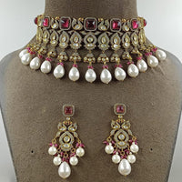 JCM Jewellery Gold Plated Polki Kundan Stone And Beads Choker Necklace Set