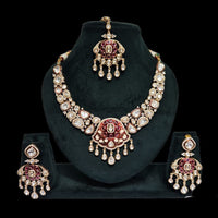 JCM Gold Plated Polki Kundan Stone Meenakari Necklace Set