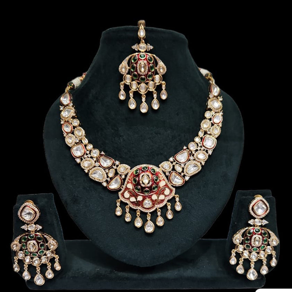 JCM Gold Plated Polki Kundan Stone Meenakari Necklace Set