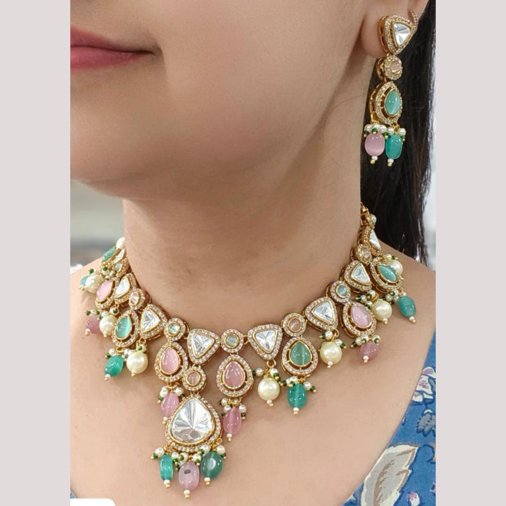 JCM Gold Plated Polki Kundan Stone And Beads Necklace Set