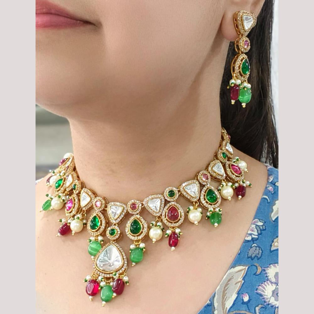 JCM Gold Plated Polki Kundan Stone And Beads Necklace Set
