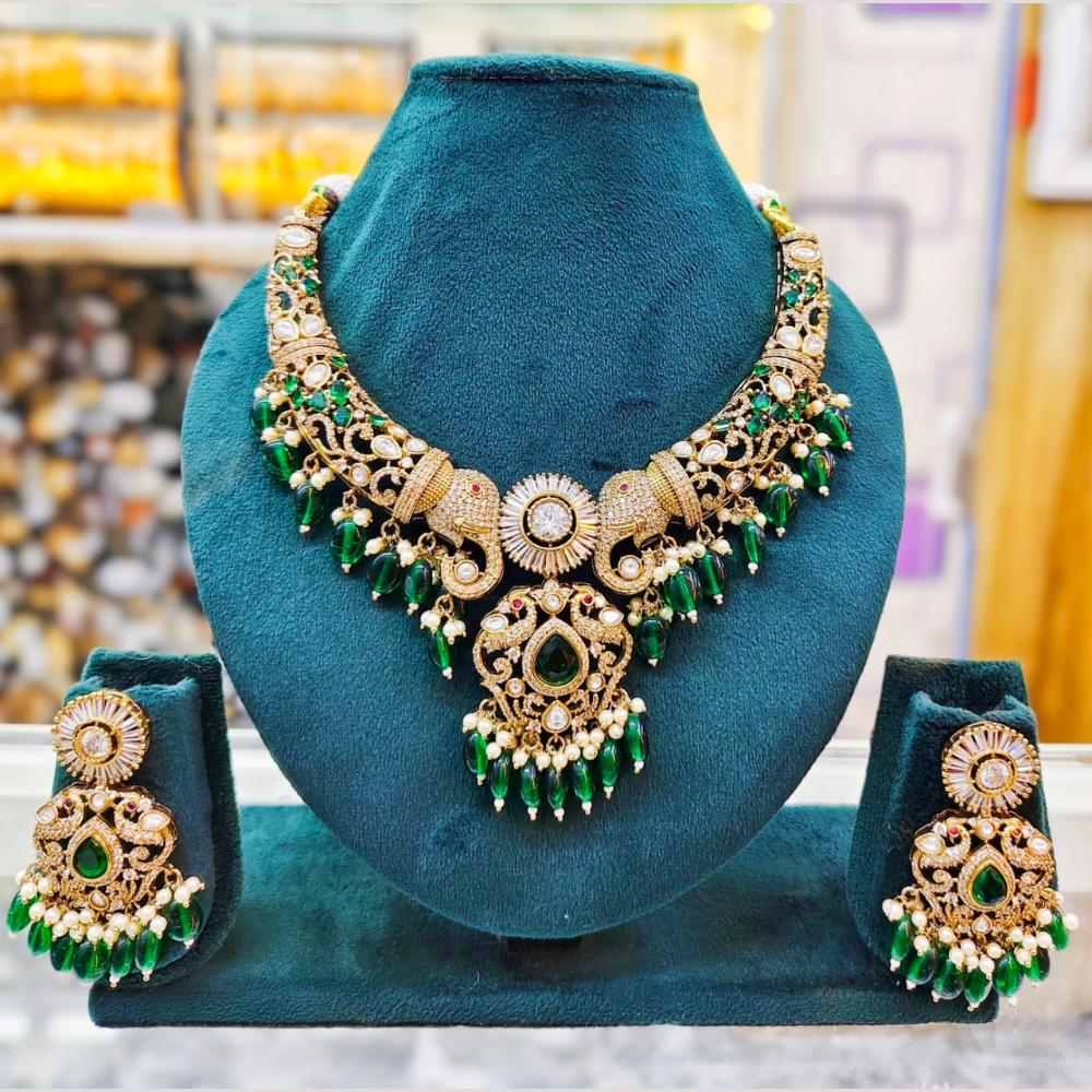 JCM Gold Plated Polki Kundan Stone And Beads Necklace Set