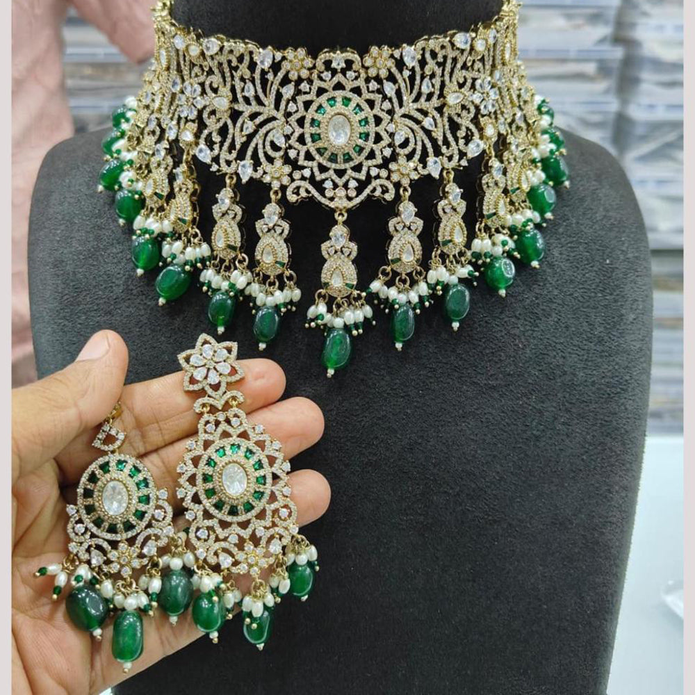 JCM Jewellery Gold Plated American Diamond And Beads Choker Necklace Set