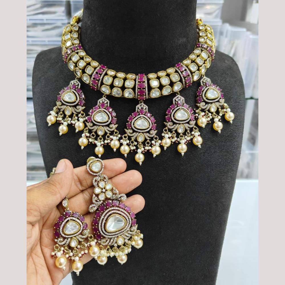 JCM Gold Plated Polki Kundan Stone And Beads Necklace Set