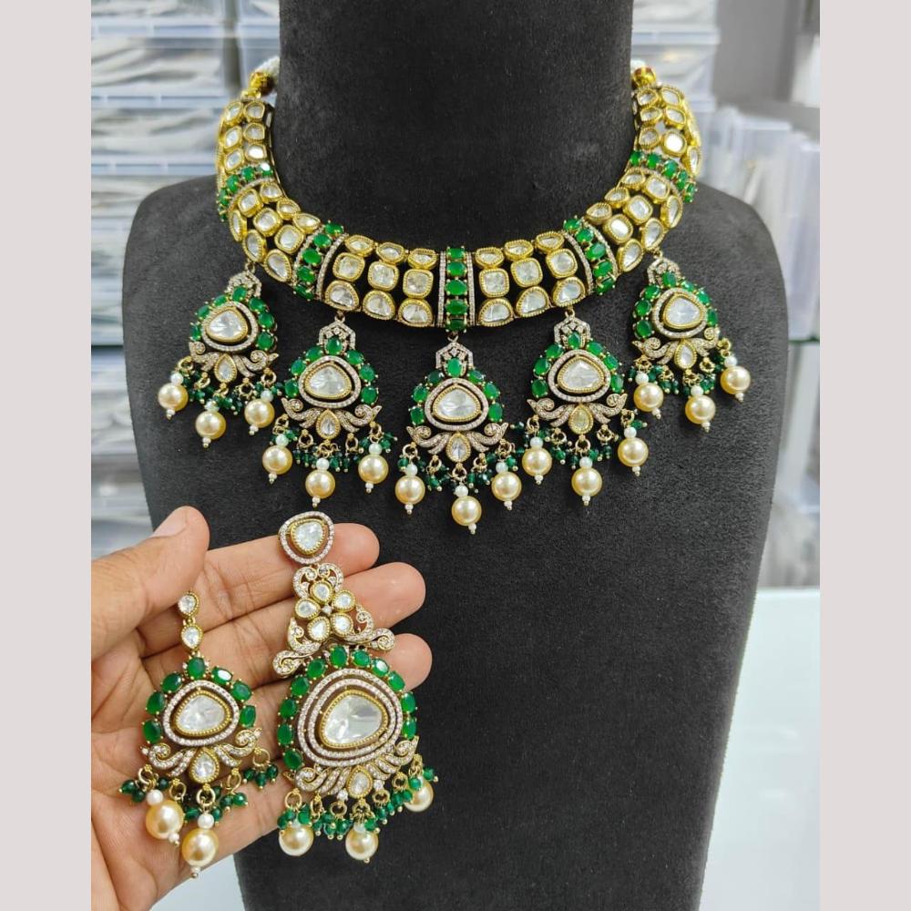 JCM Gold Plated Polki Kundan Stone And Beads Necklace Set