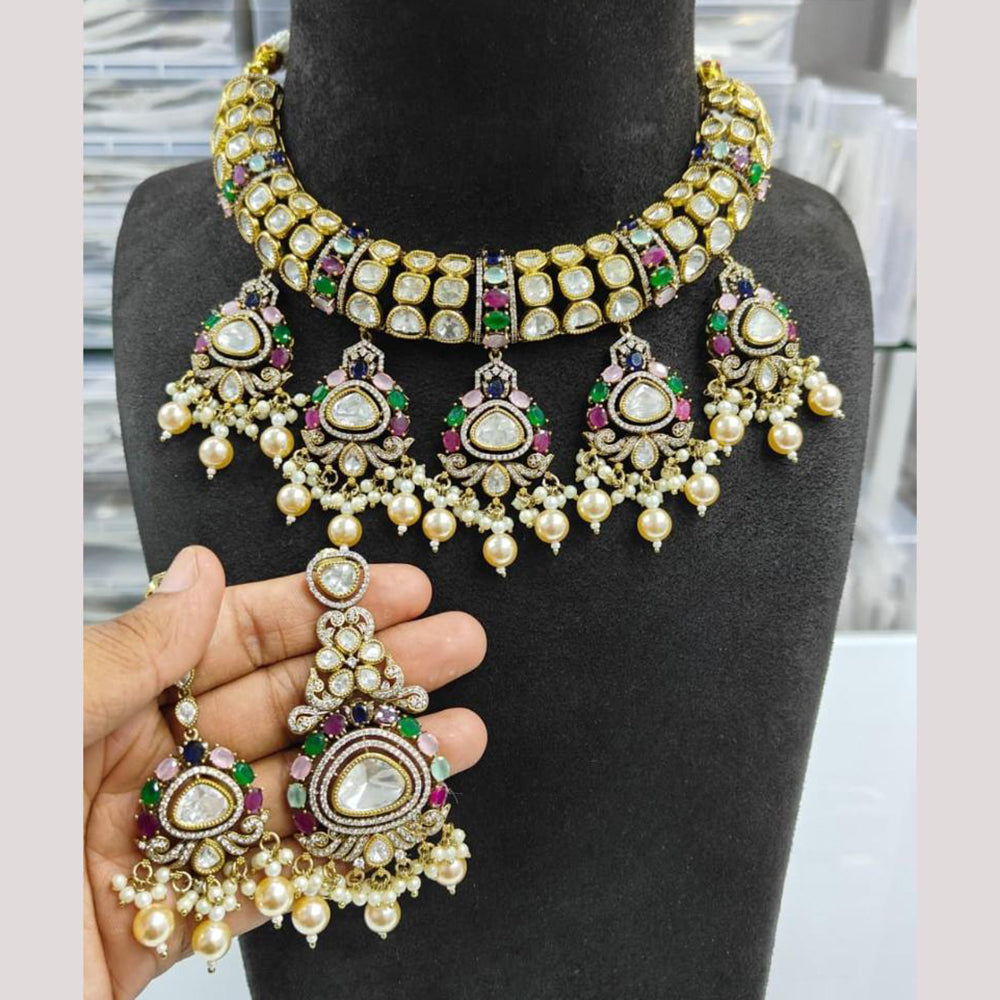 JCM Gold Plated Polki Kundan Stone And Beads Necklace Set