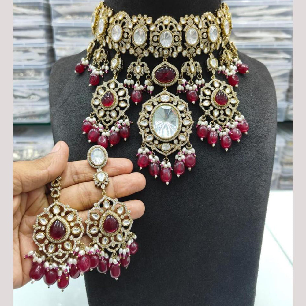 JCM Jewellery Gold Plated Polki Kundan Stone And Beads Choker Necklace Set