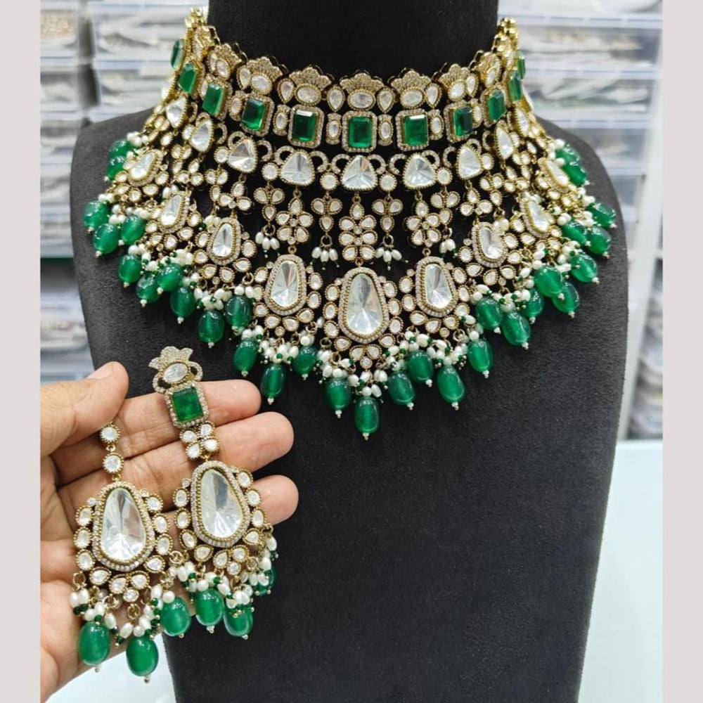 JCM Jewellery Gold Plated Polki Kundan Stone And Beads Choker Necklace Set