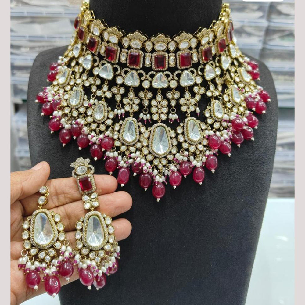 JCM Gold Plated Polki Kundan Stone And Beads Choker Necklace Set