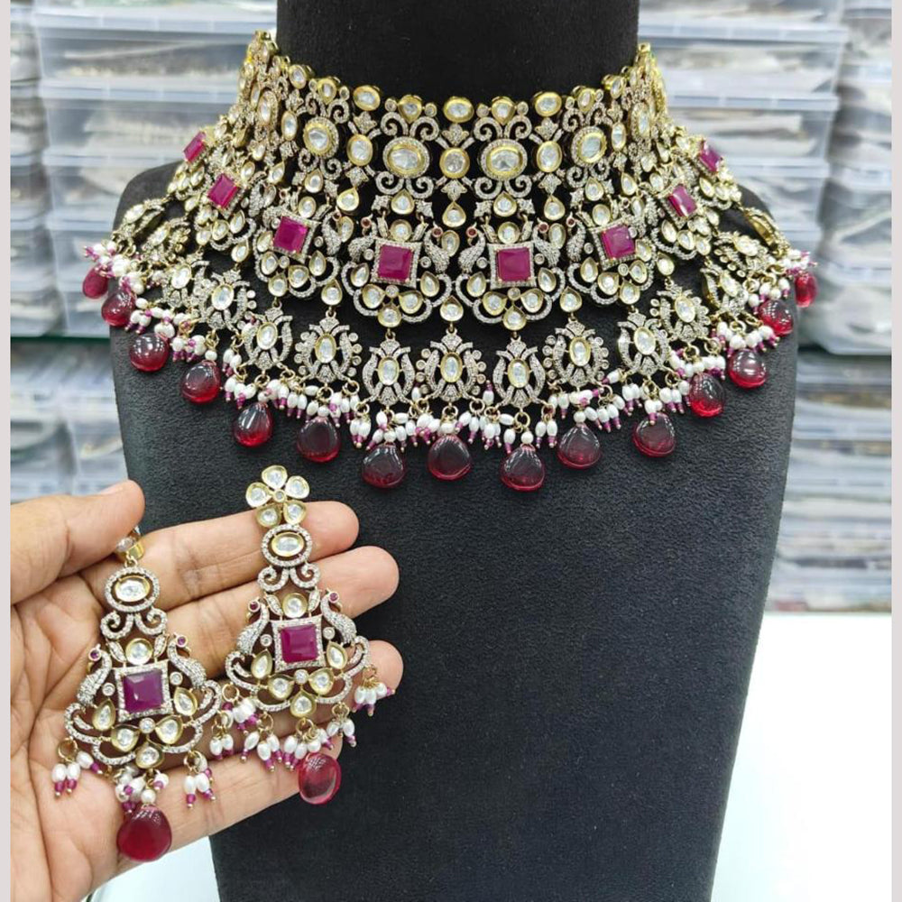JCM Gold Plated Polki Kundan Stone And Beads Choker Necklace Set