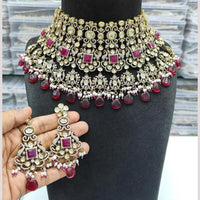 JCM Gold Plated Polki Kundan Stone And Beads Choker Necklace Set