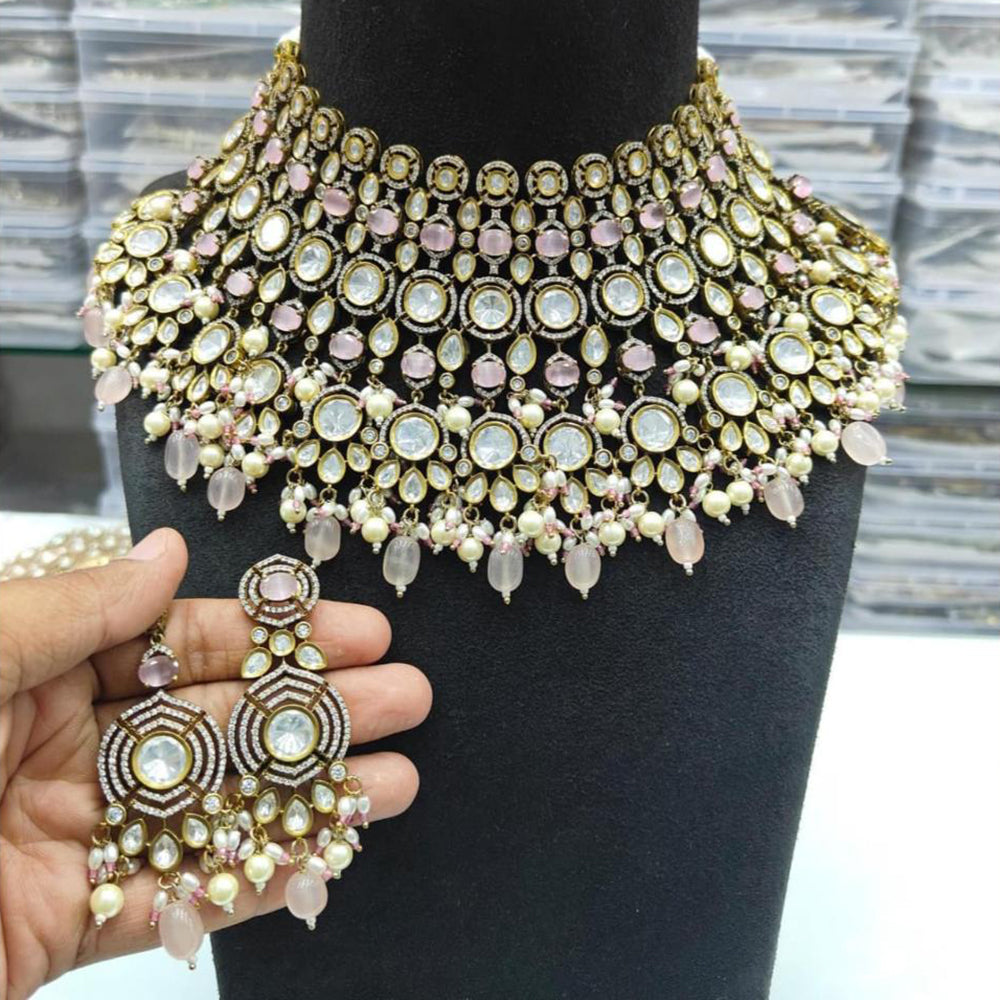 JCM Jewellery Gold Plated Polki Kundan Stone And Beads Choker Necklace Set
