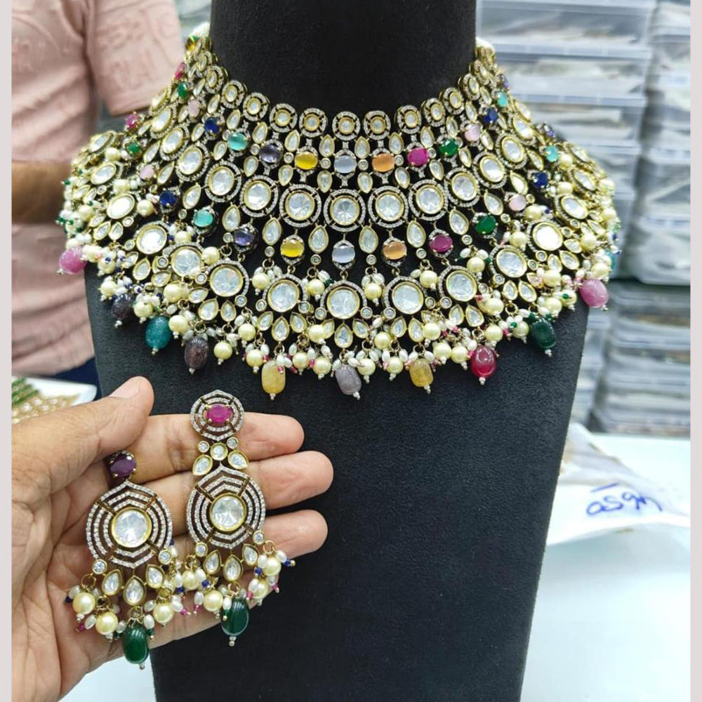 JCM Jewellery Gold Plated Polki Kundan Stone And Beads Choker Necklace Set