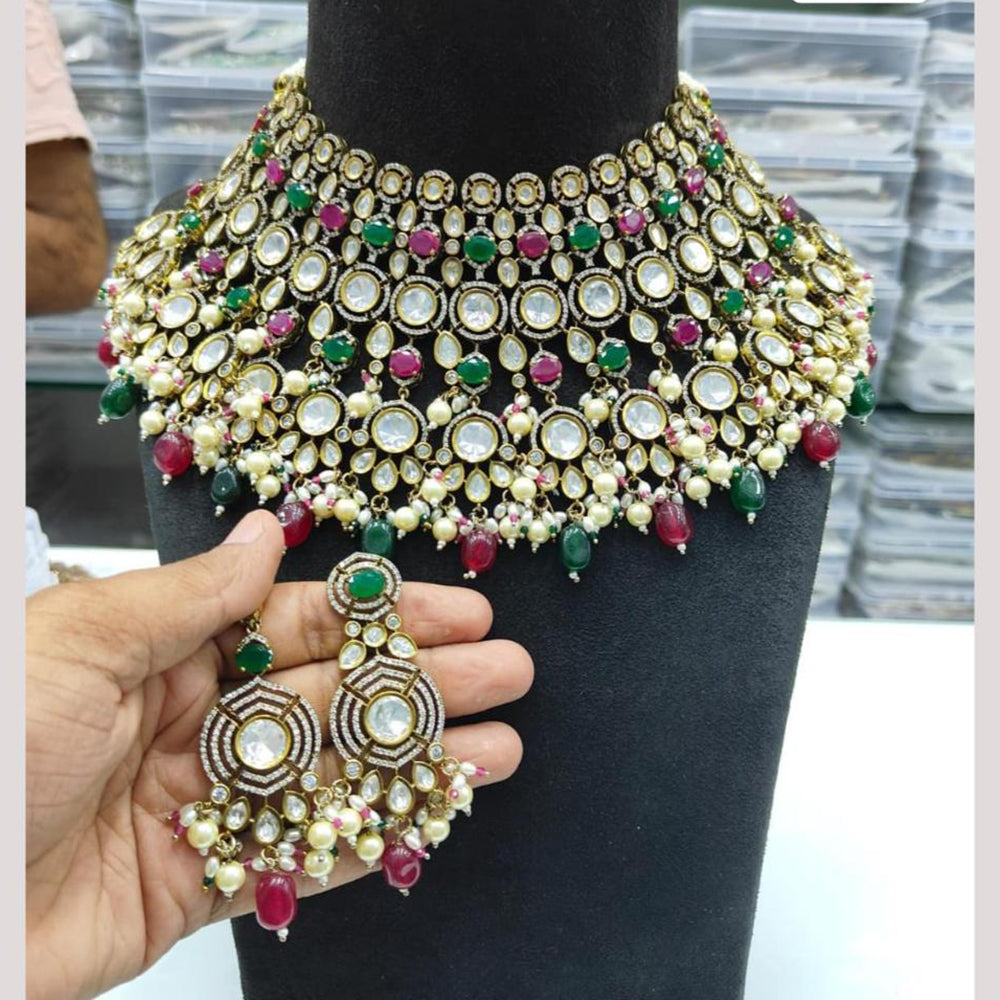 JCM Gold Plated Polki Kundan Stone And Beads Choker Necklace Set