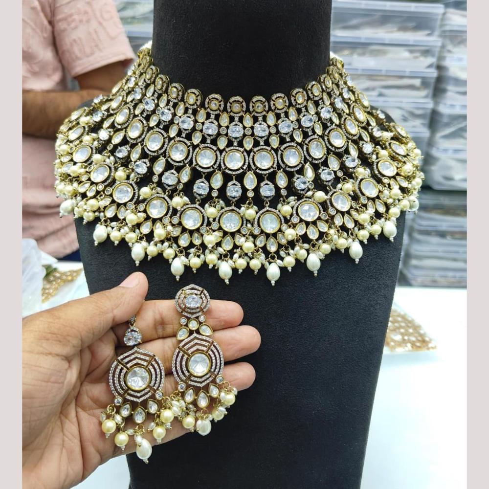 JCM Gold Plated Polki Kundan Stone And Beads Choker Necklace Set